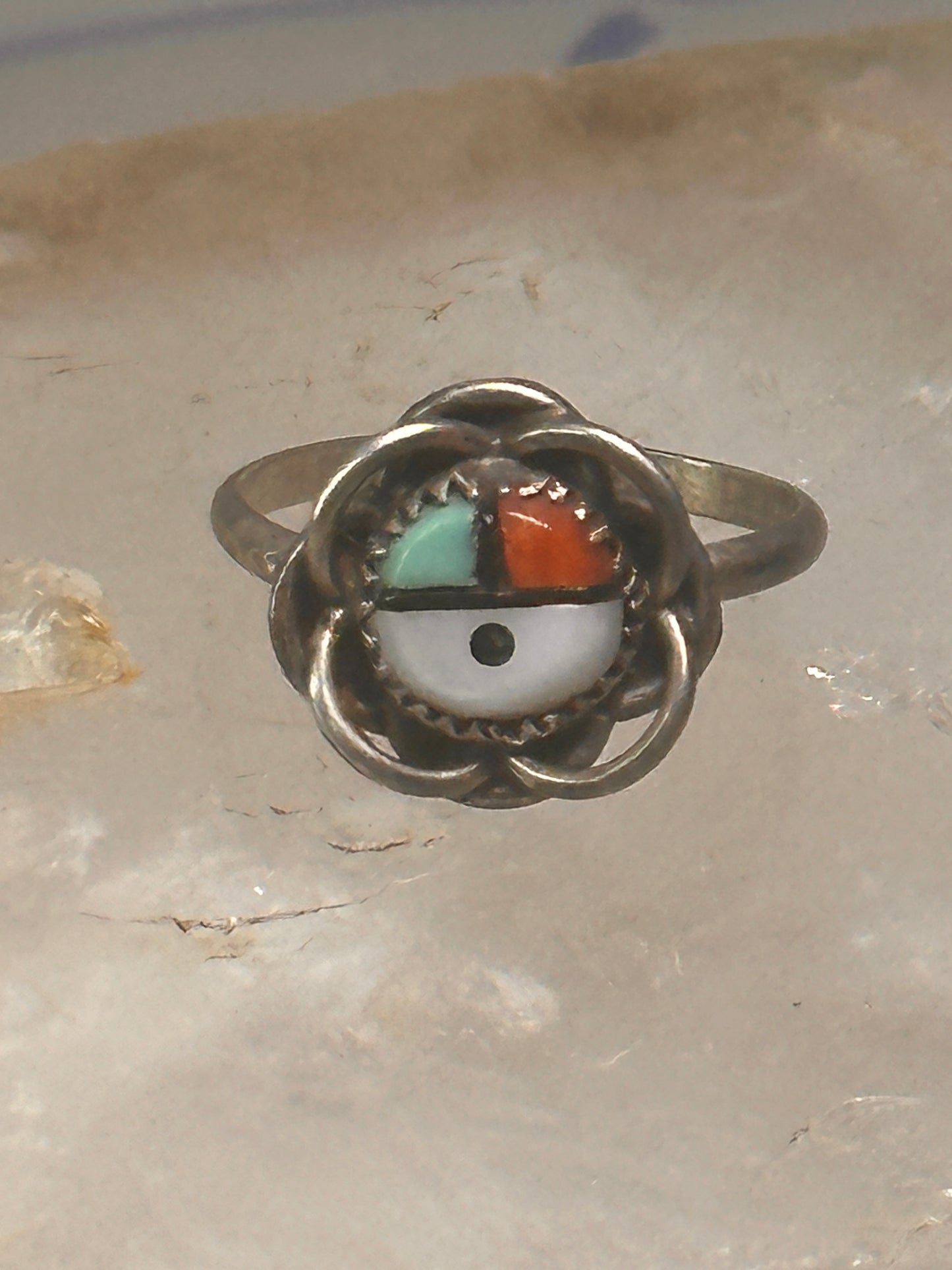 Zuni ring sun floral turquoise coral mop size 3.25 sterling silver women children girls