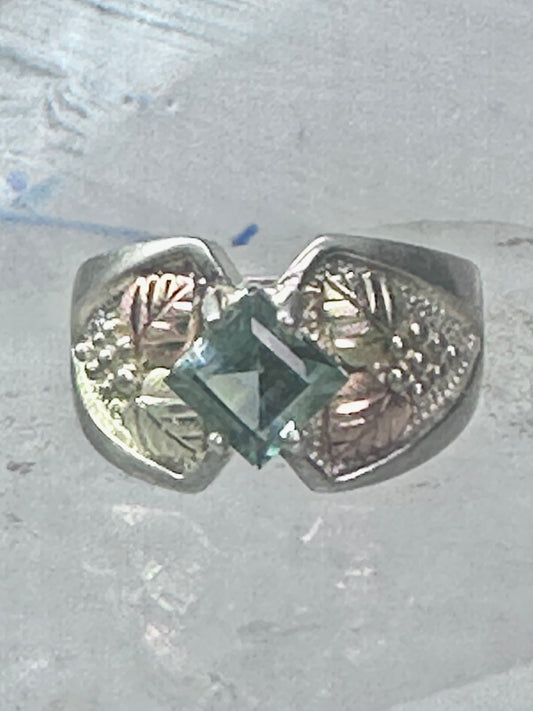 Black Hills Gold Ring aquamarine blue color stone leaves band size 5.75 sterling silver women pinky