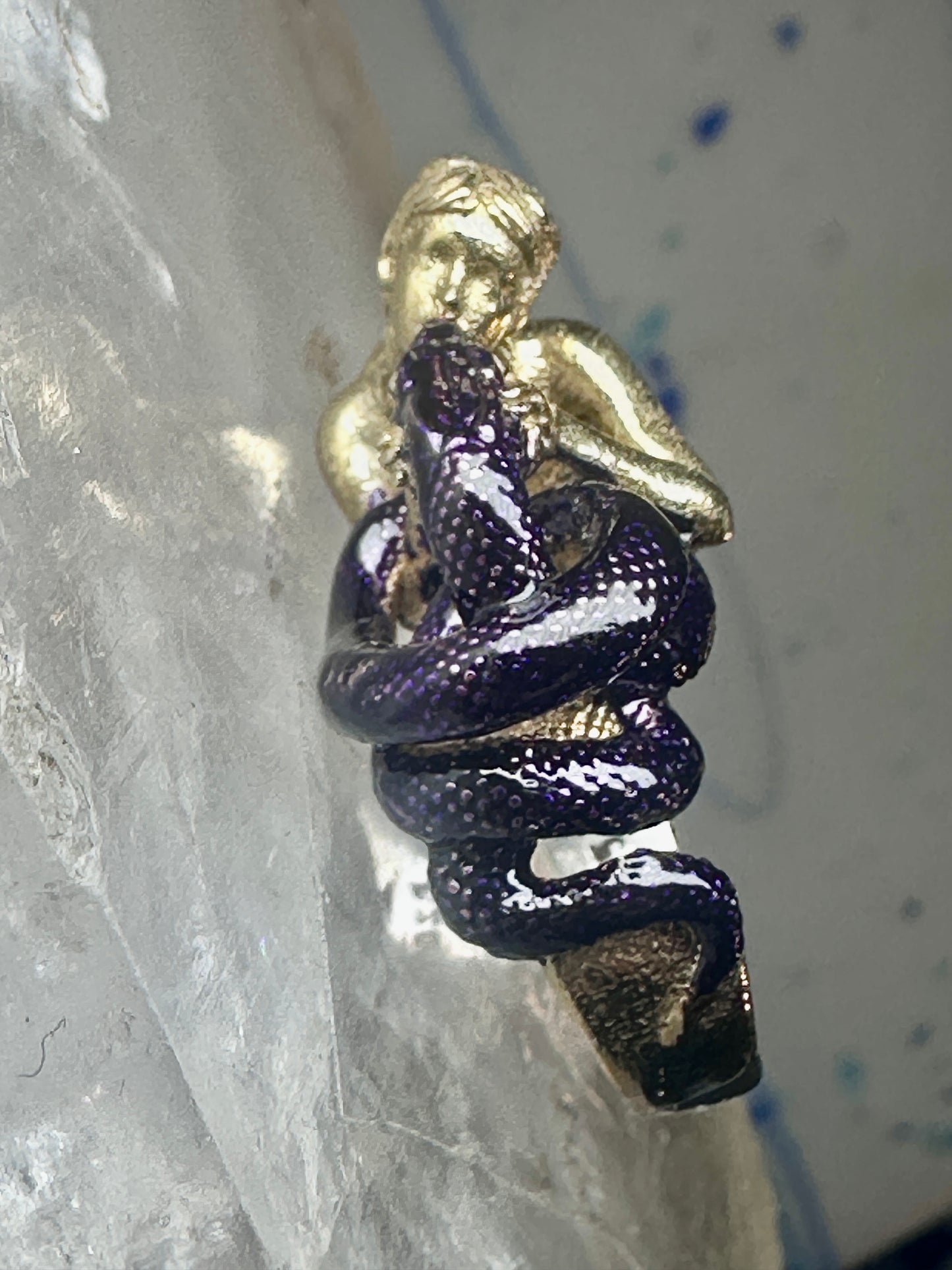 Figurative ring naked lady holding snake band size 7 sterling silver women