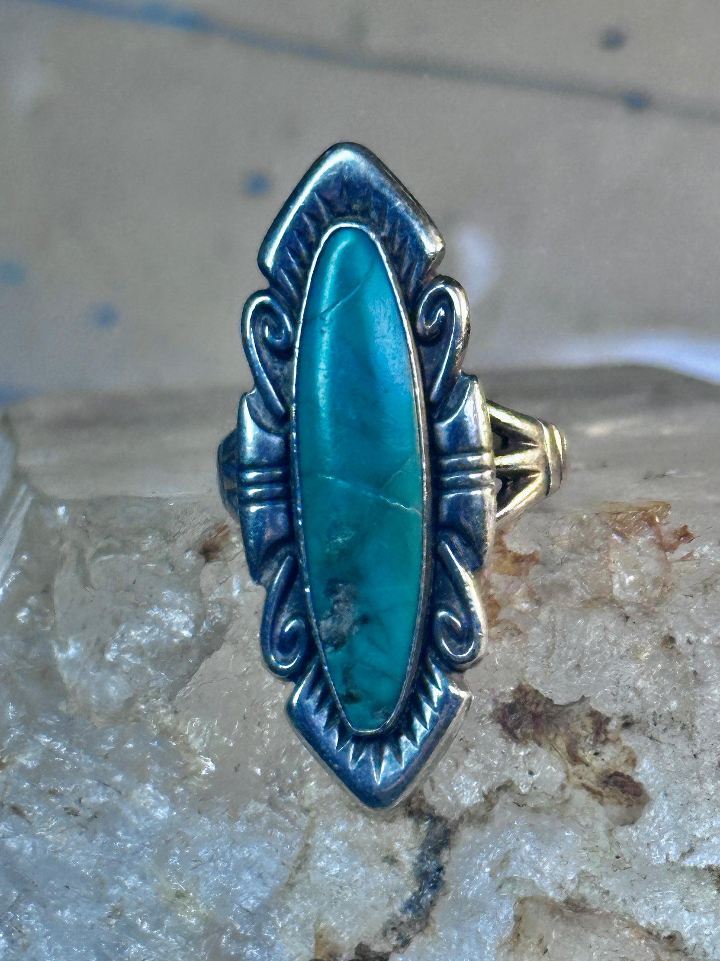 Vintage Long Turquoise Ring Navajo size 7.75 sterling silver women girls