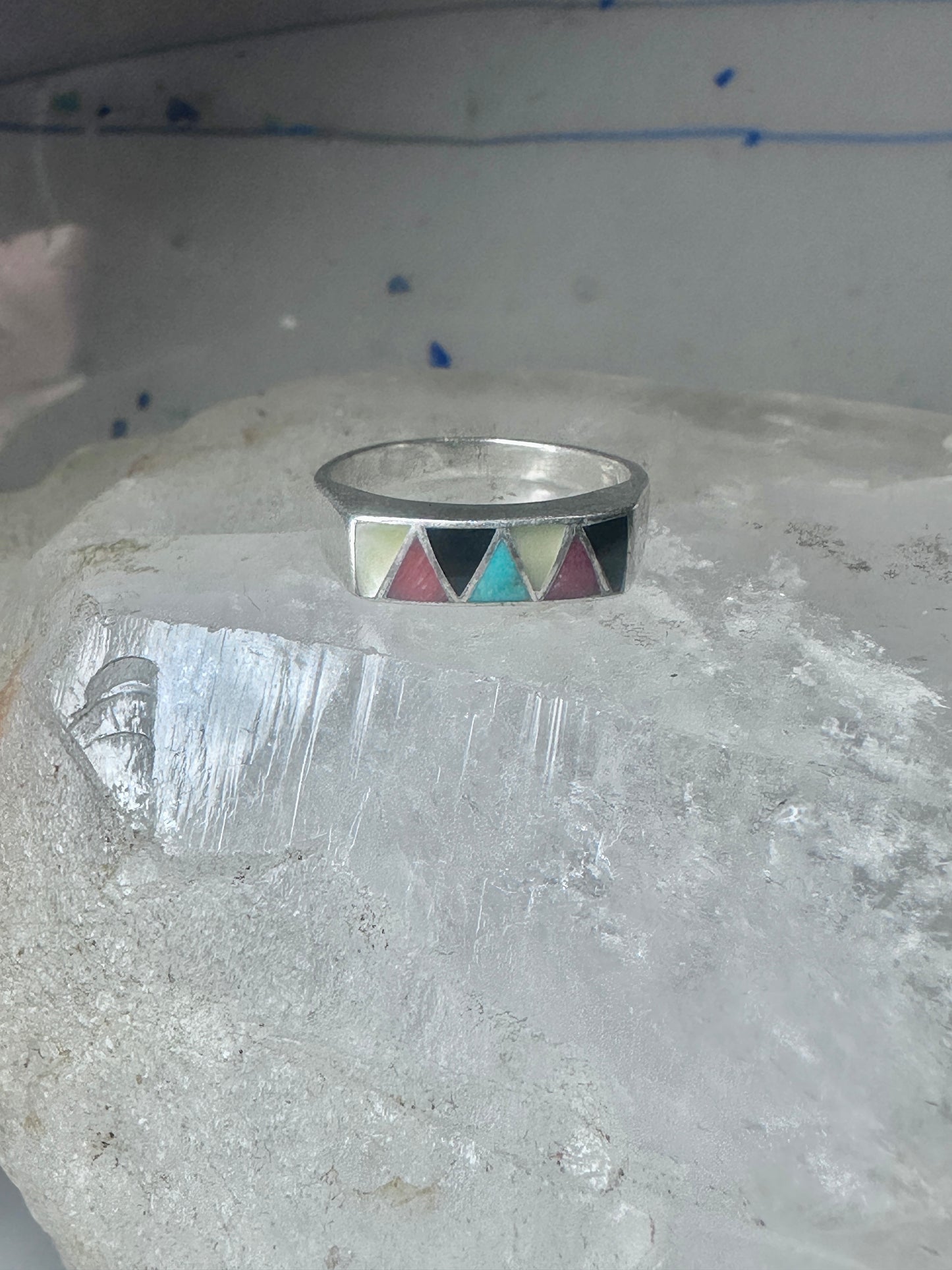 Navajo ring turquoise onyx coral mop band size 6.2 sterling silver women