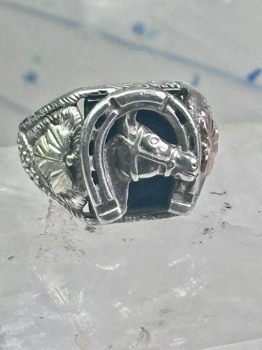 Black Hills Gold Ring horse horseshoe good luck onyx band size 10 cowboy sterling silver women men