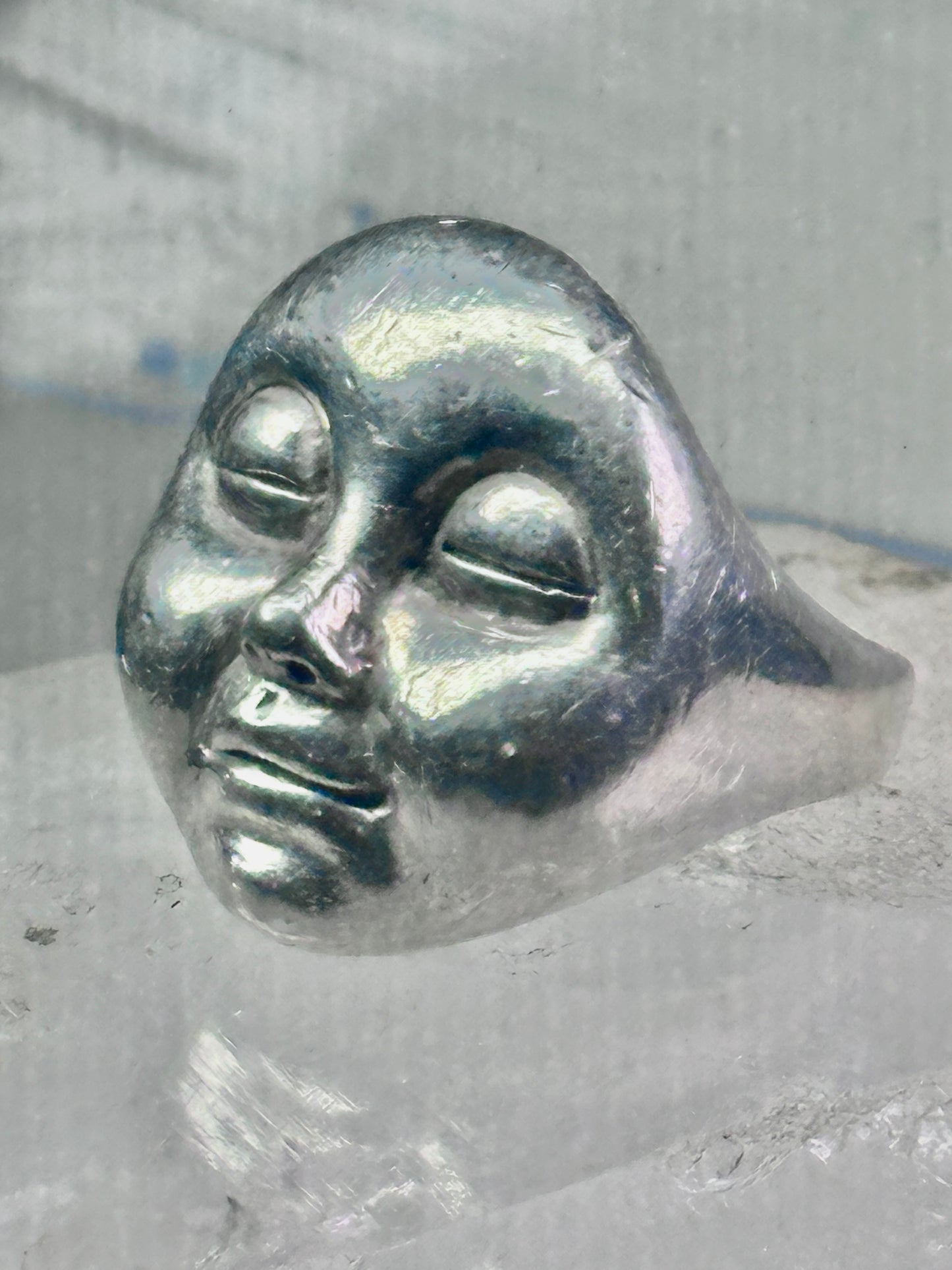 Face Ring moon face handmade artisan band size 8 figurative sterling silver women men