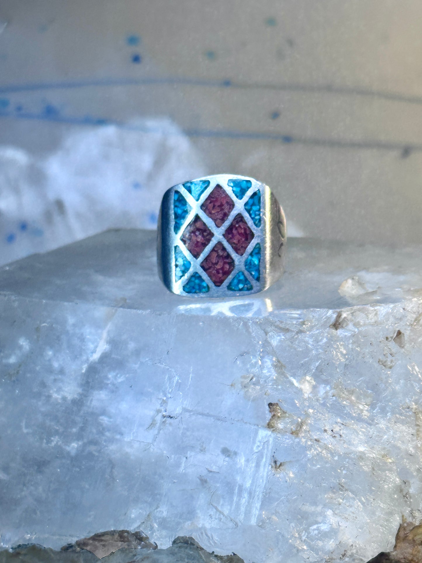 Navajo Ring Turquoise Coral chips size 10 sterling silver women men