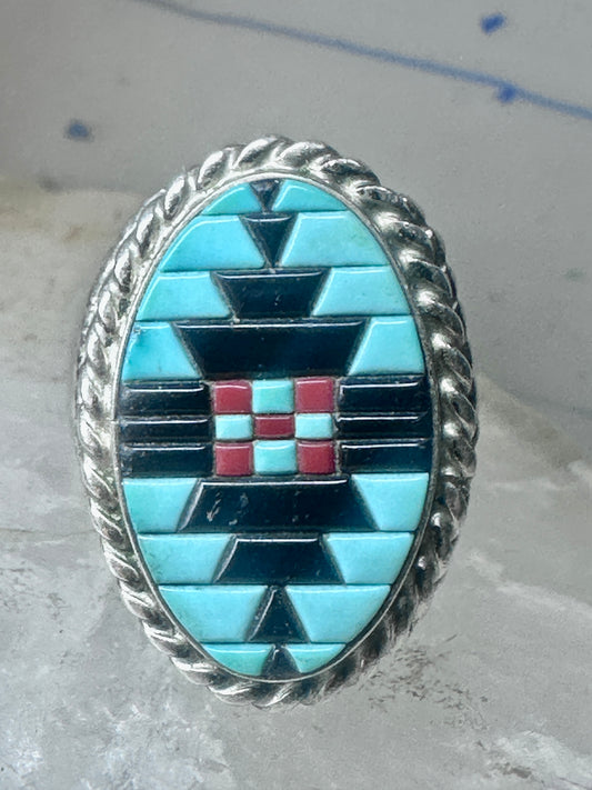 Zuni ring turquoise coral onyx band size 9.75 sterling silver women men