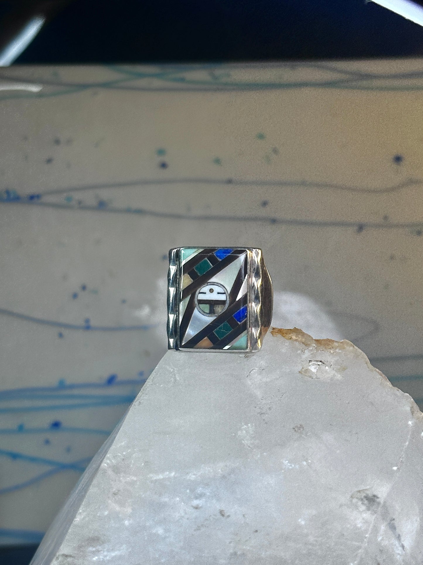 Zuni Ring sun face lapis mother of pearl turquoise size 10.50 sterling silver women men