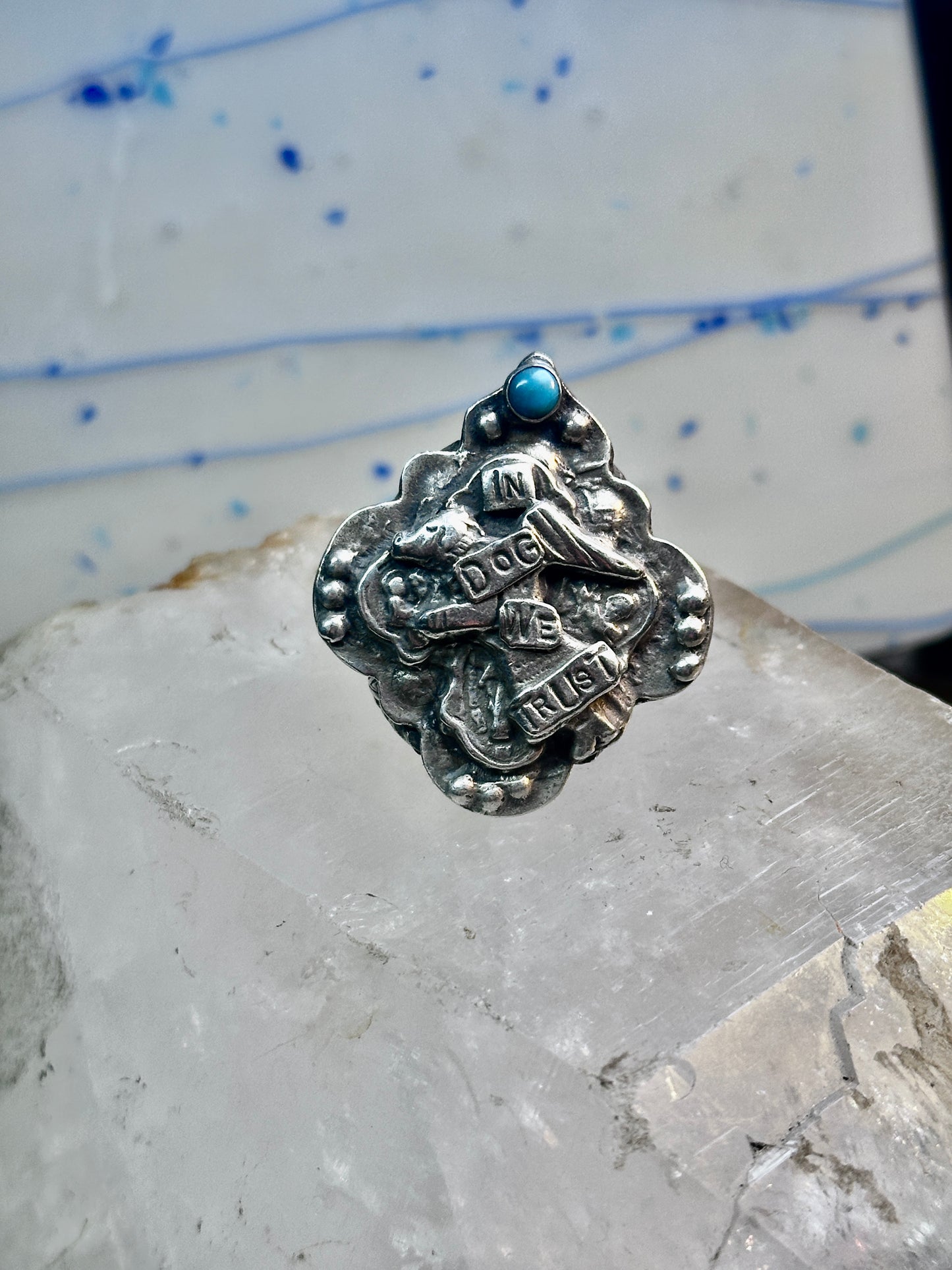 Dog ring "In Dog We Trust" band "Guard and Protect Me" text size 6.75 sterling silver wome