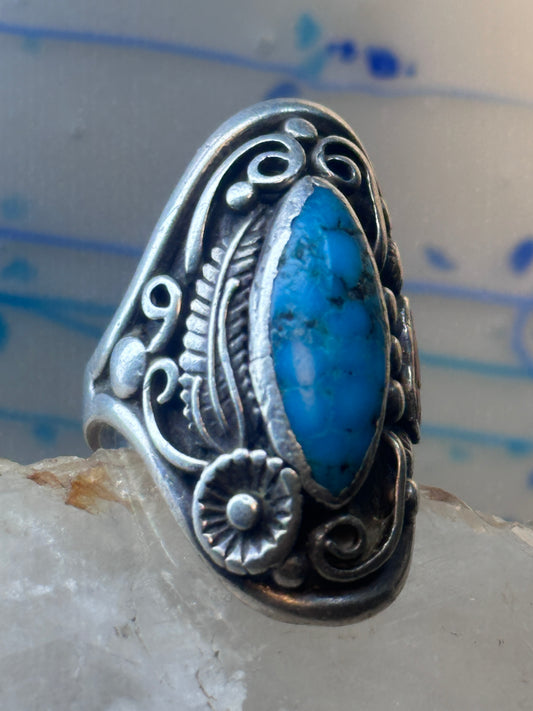 Navajo long turquoise coral ring leaves size 9.75 sterling silver women