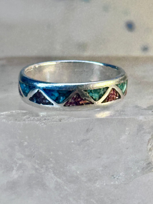 Zuni ring Wedding band turquoise coral chips sterling silver size 7.75 women men