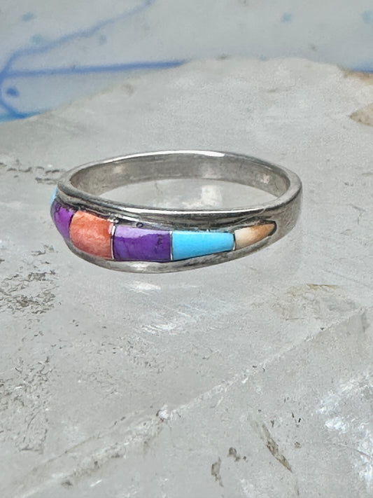 Vintage Sterling Silver Multi Stone Inlay Band Ring Turquoise Coral Size 8 2.4g