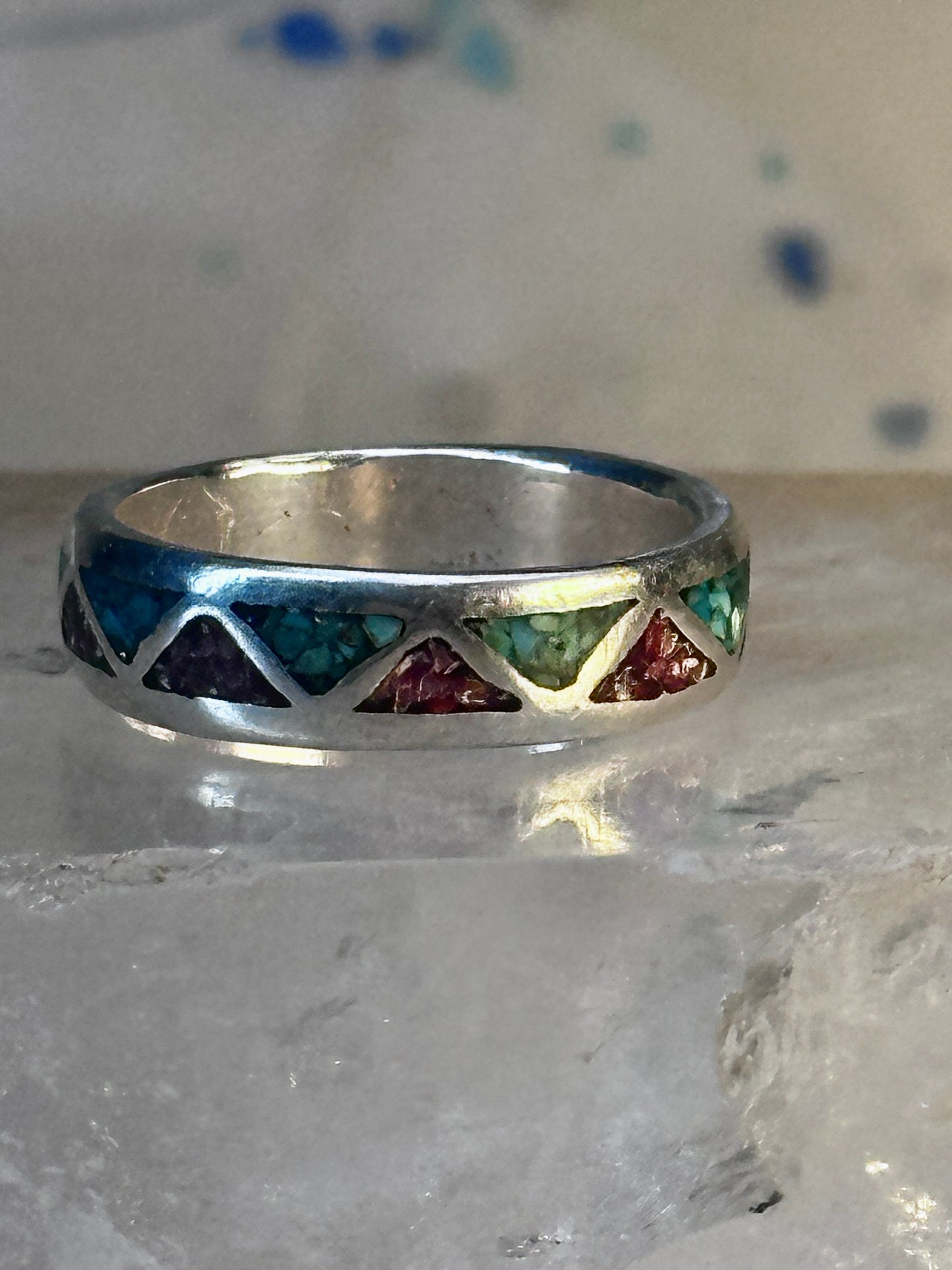 Zuni ring Wedding band turquoise coral chips sterling silver size 7.75 women men