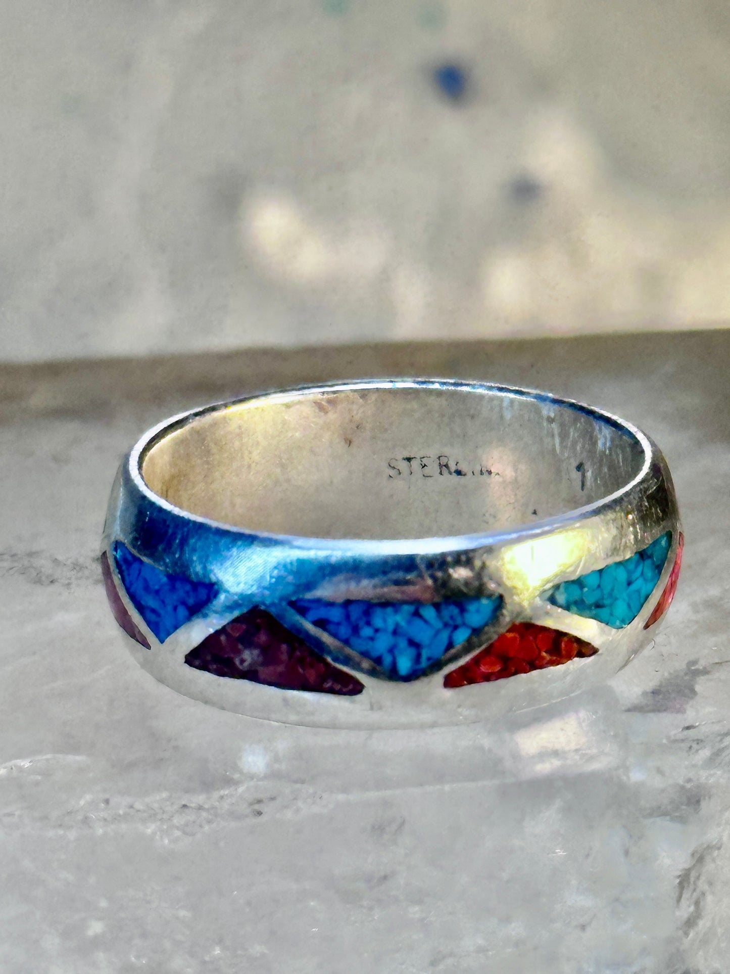 Zuni ring Wedding band turquoise coral chips sterling silver size 9.75 women men