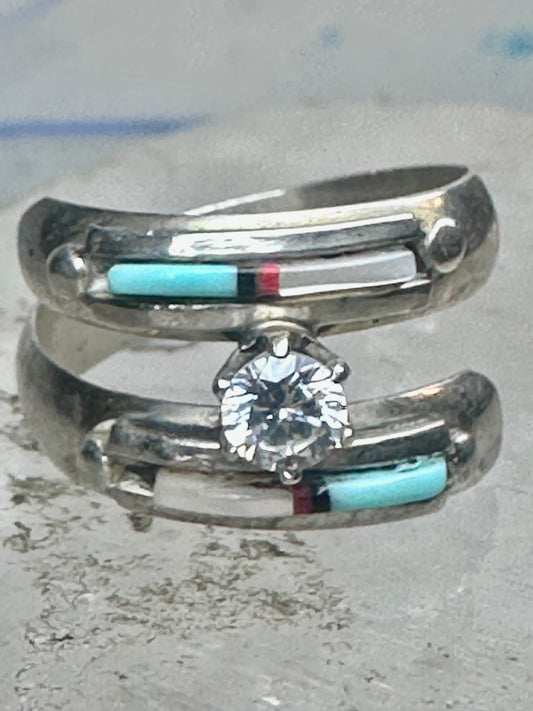 Vintage Sterling Silver Turquoise Inlay Solitaire Ring Cubic Zirconia Size 6 3.5g