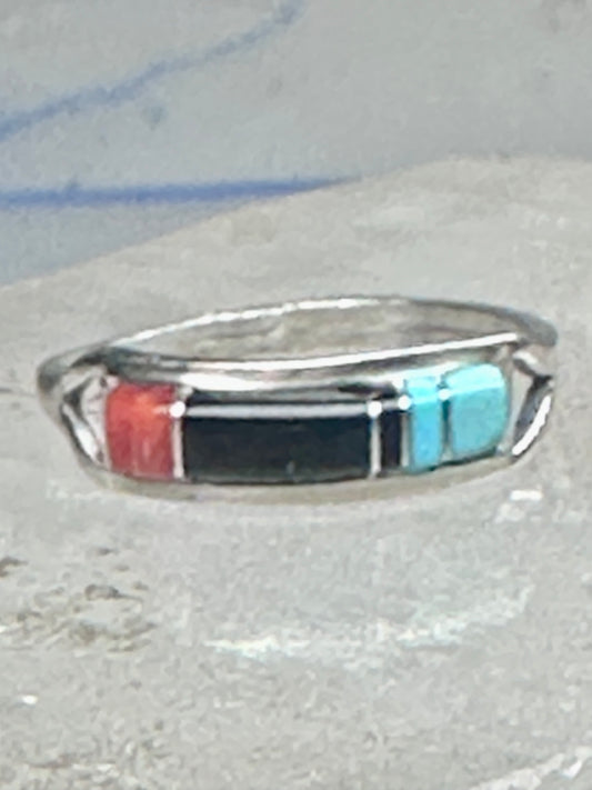 Vintage Sterling Silver Southwestern Inlay Band Ring Turquoise Coral Size 7.75 1.8g