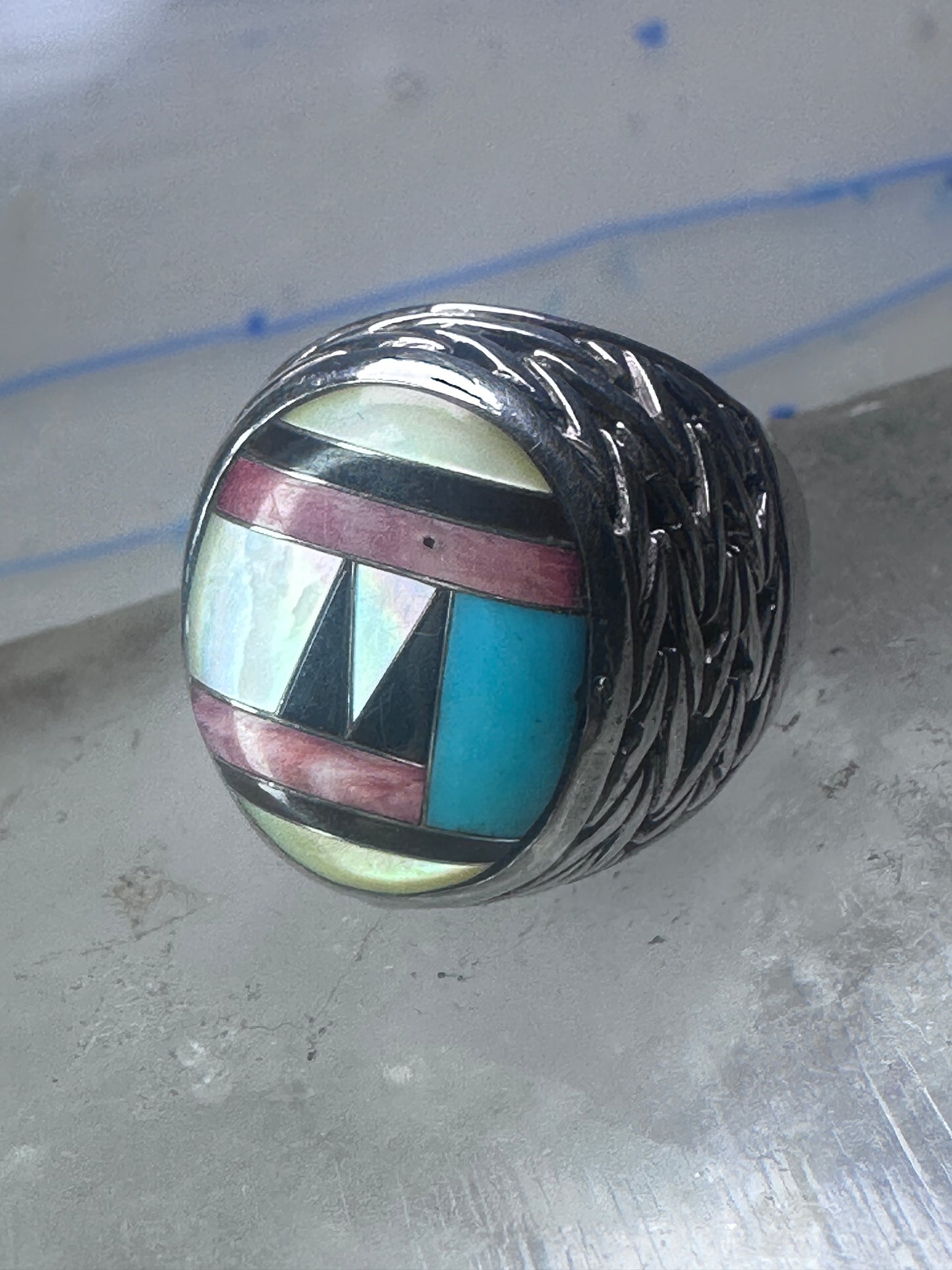 Zuni Ring turquoise onyx MOP leaves band size 8.2 sterling silver women men signed DL
