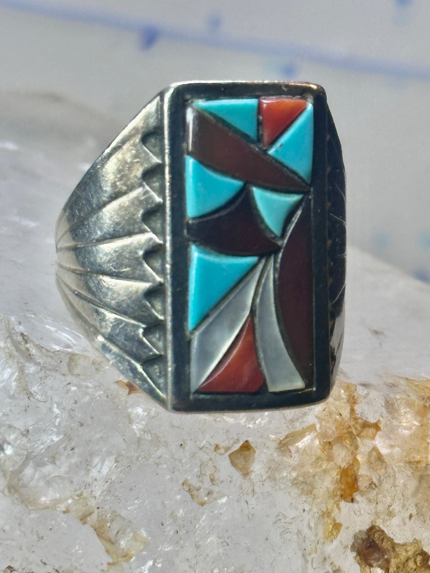 Zuni Cobblestone Ring Turquoise coral size 11.25 sterling silver sign R. G. & T