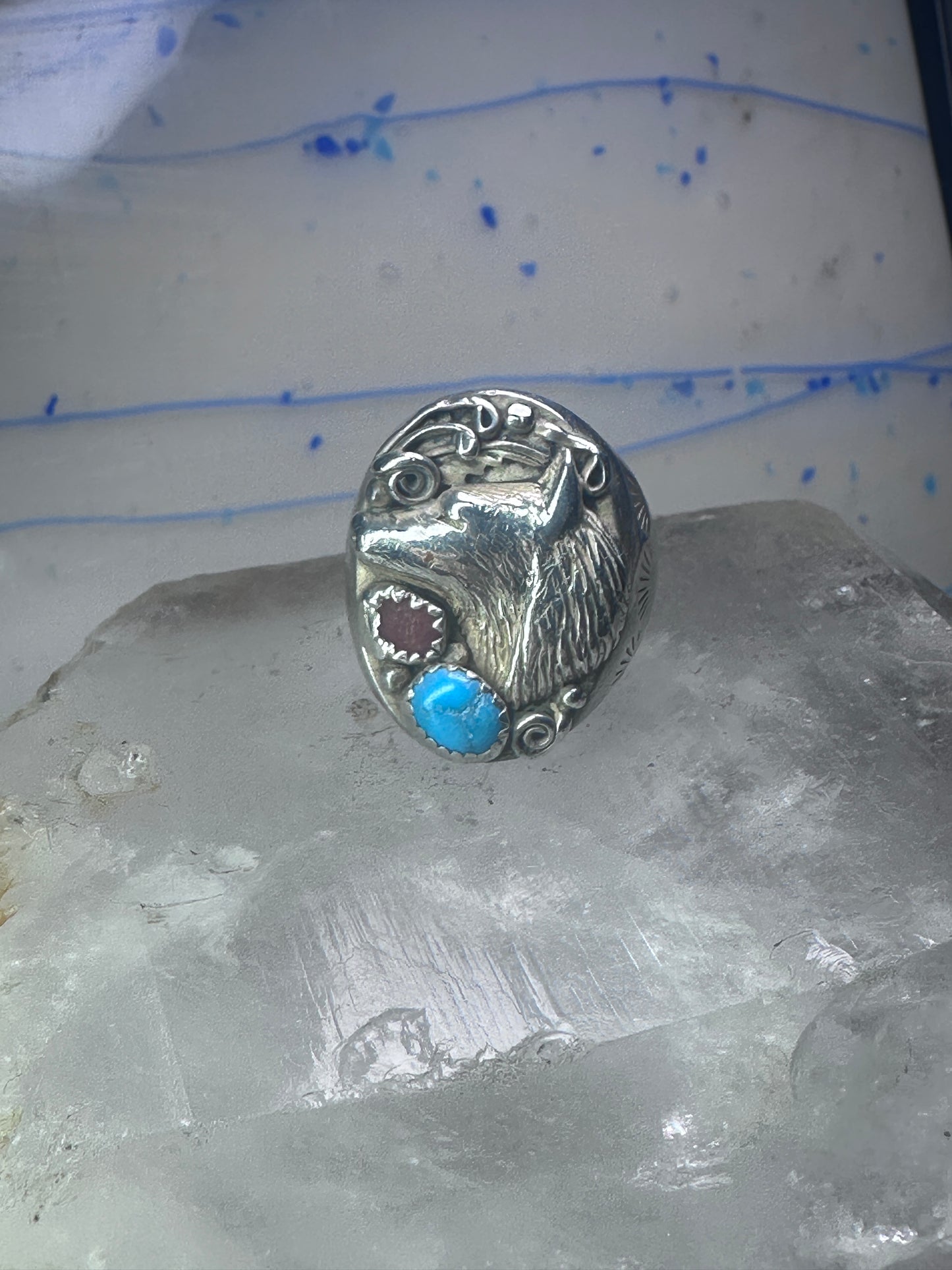 Navajo Ring wolf turquoise coral leaves band size 9.50 sterling silver women men signed RK