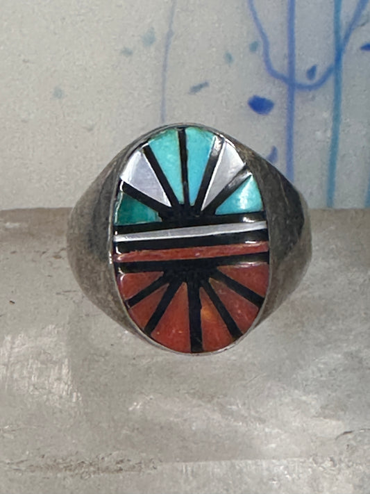 Turquoise Ring Zuni coral inlay mother of pearl size 10.7 sterling silver women men 