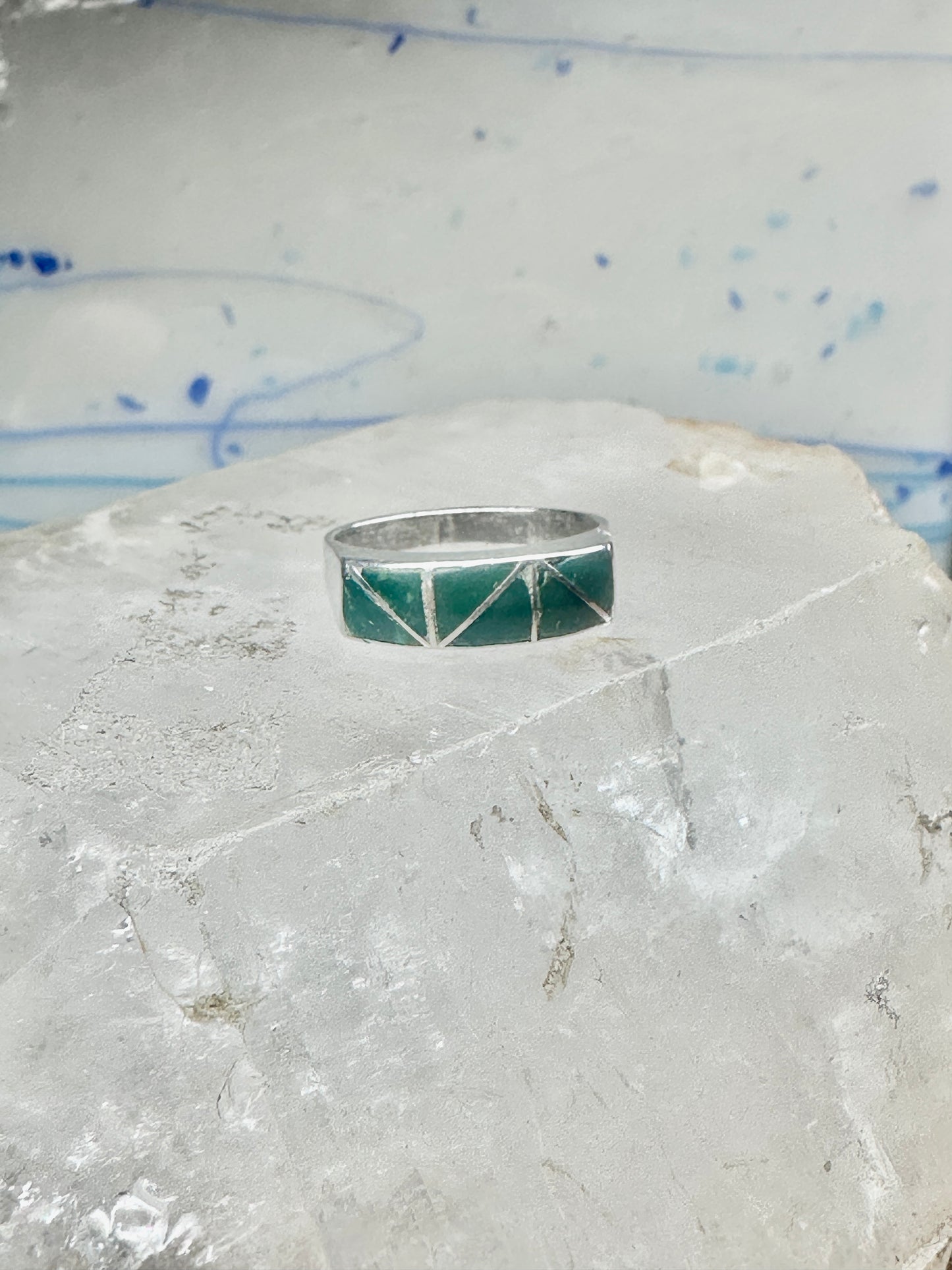 Vintage Sterling Silver Green Turquoise Geometric Channel Inlay Band Ring Size 6.25 3.2g