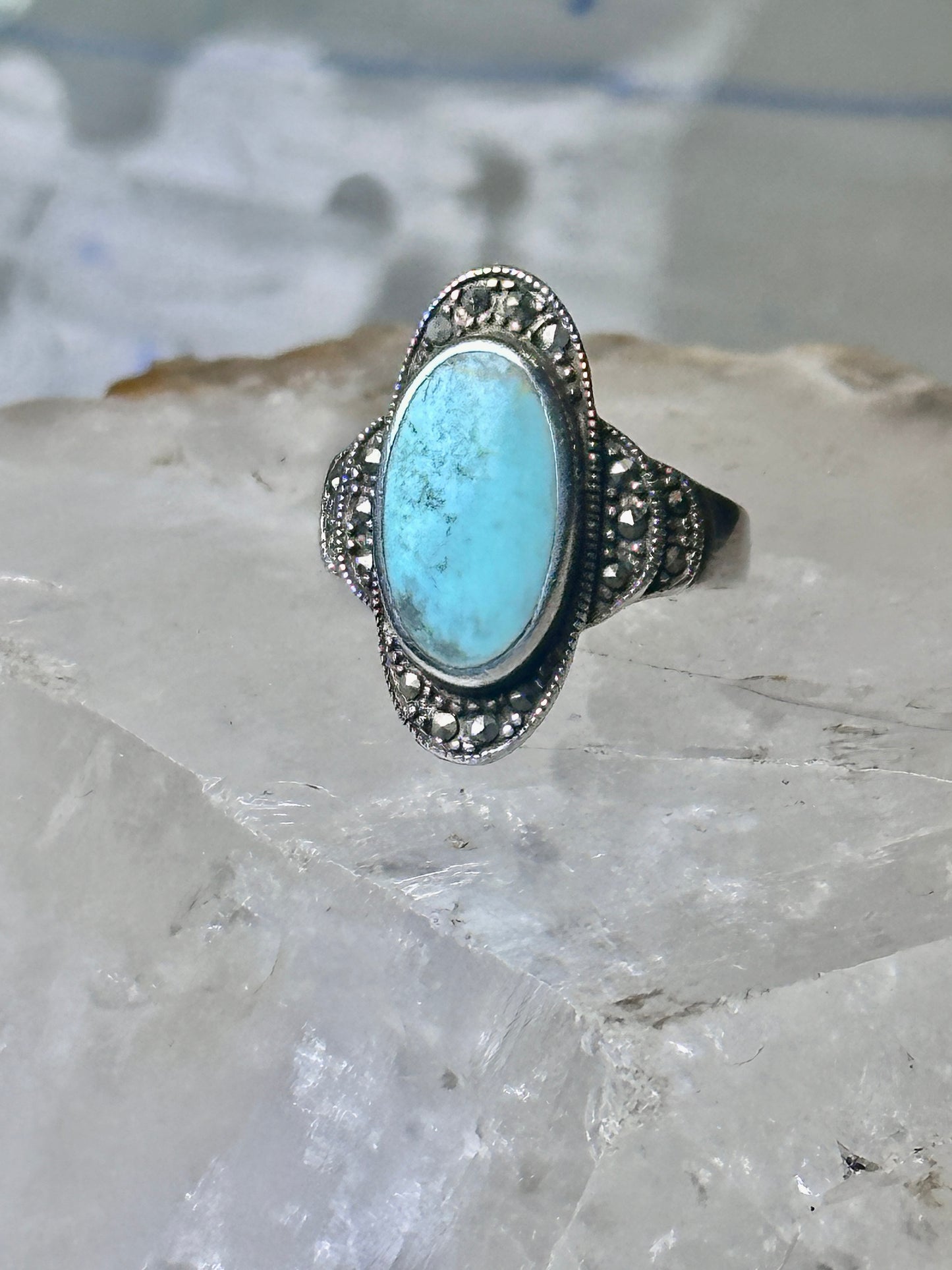 Turquoise ring Marcasites boho size 7.75 sterling silver women