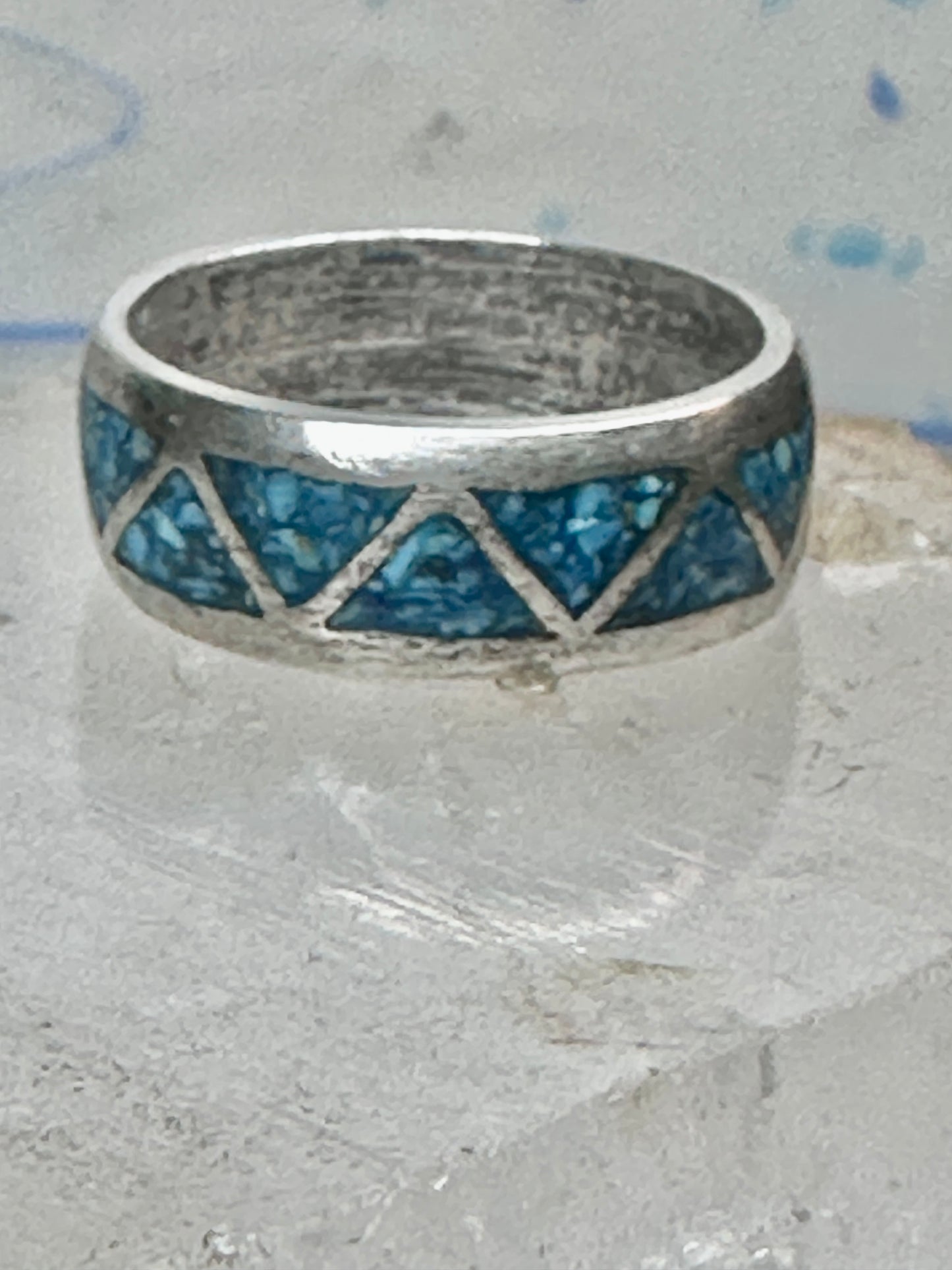 Vintage Sterling Silver Turquoise Chip Geometric Inlay Band Ring Size 11 7.6g