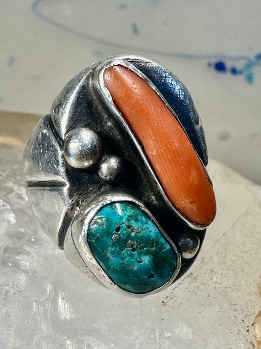 Navajo ring size 9.25 turquoise coral band sterling silver band women men