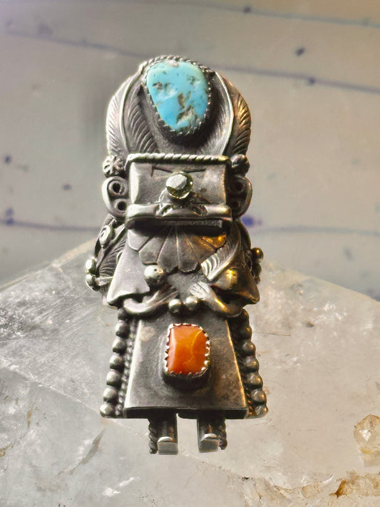 Kachina ring Navajo turquoise coral size 10.2 cowgirl sterling silver women signed B