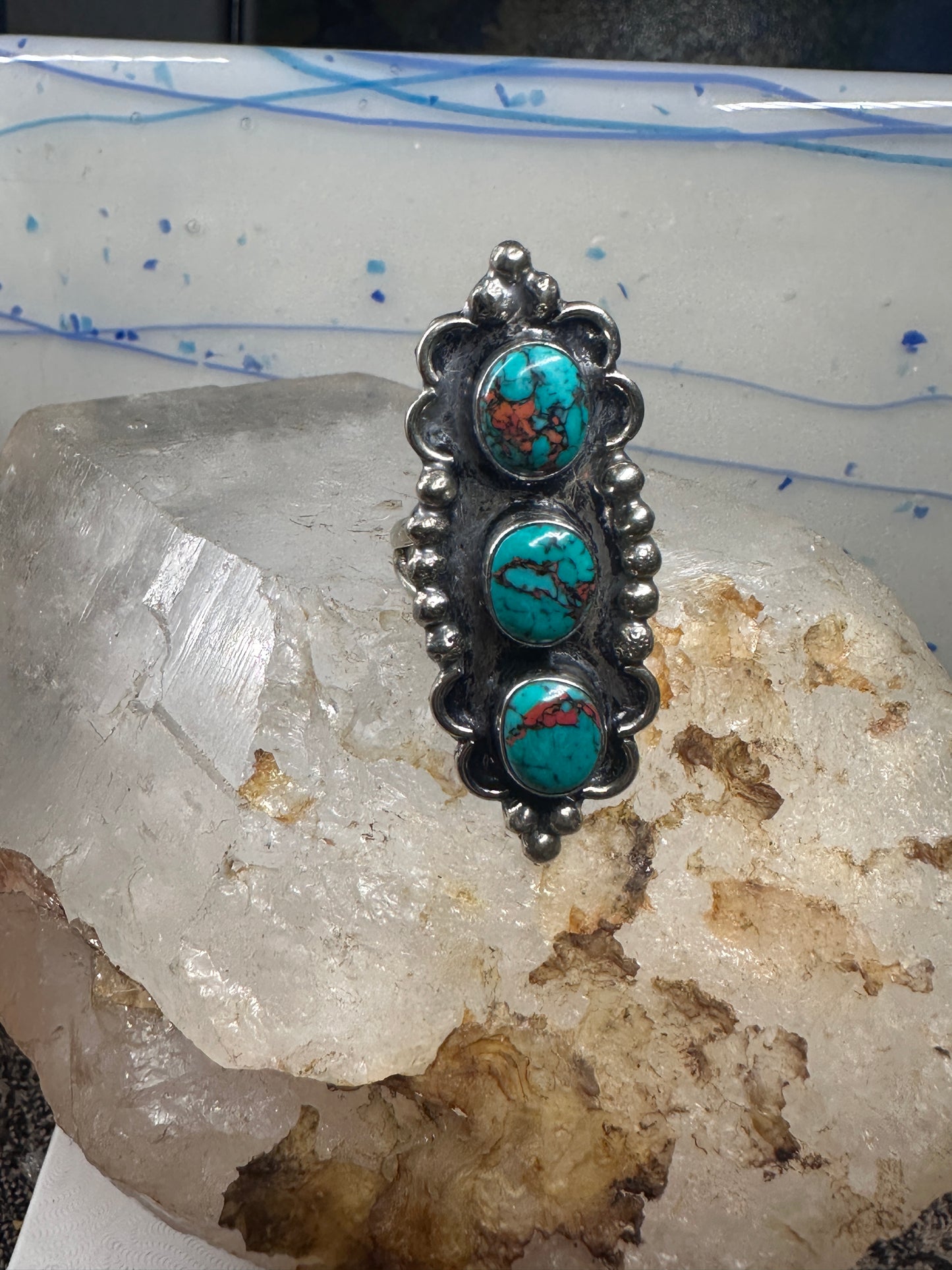 Navajo ring long turquoise Sterling silver size 7.25 sterling silver women