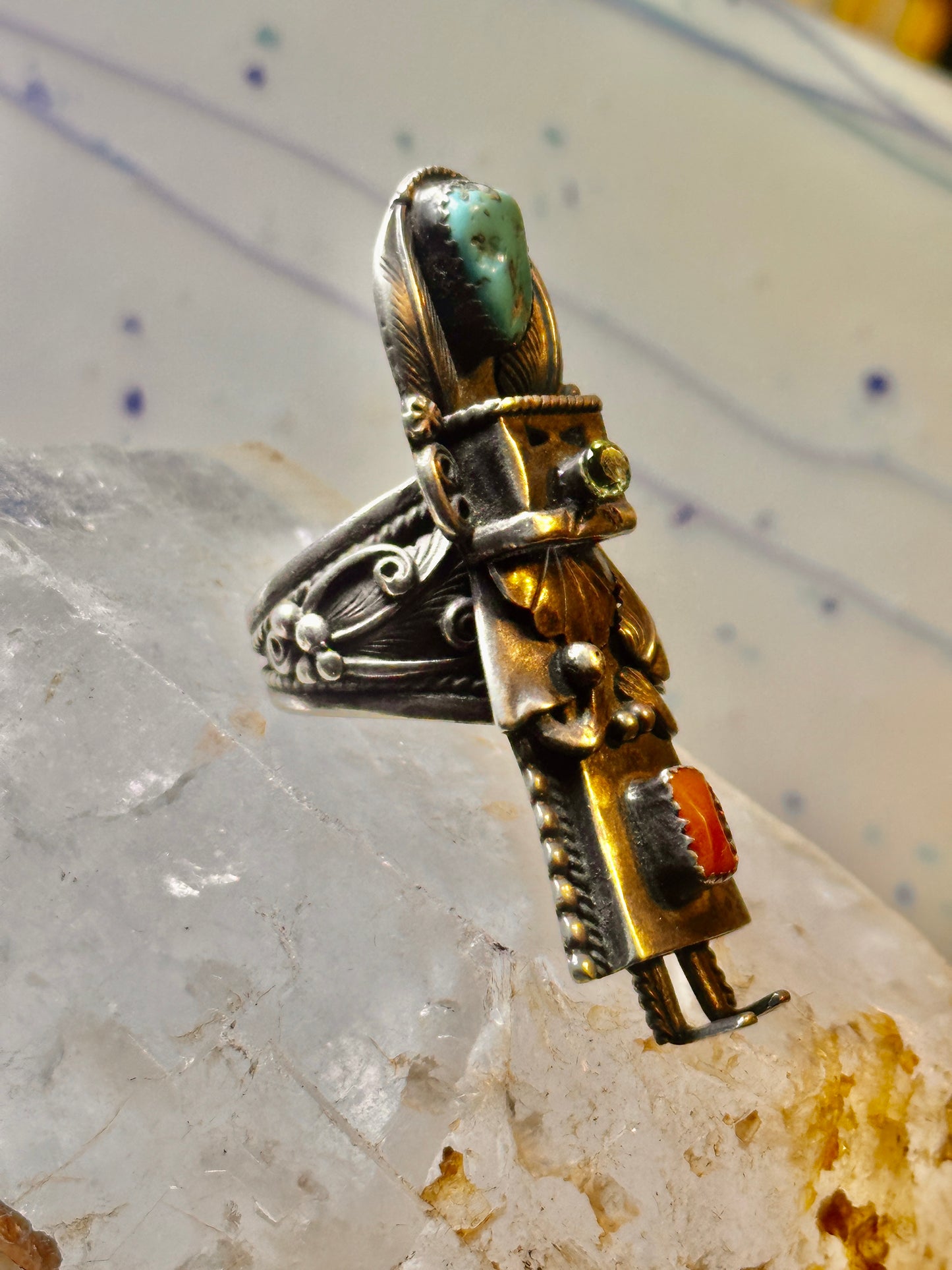 Kachina ring Navajo turquoise coral size 10.2 cowgirl sterling silver women signed B