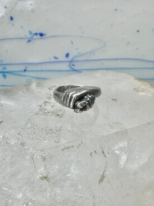 Vintage Sterling Silver Hand Holding Flower Motif Ring Cut Band Size 5.75 925 AS IS