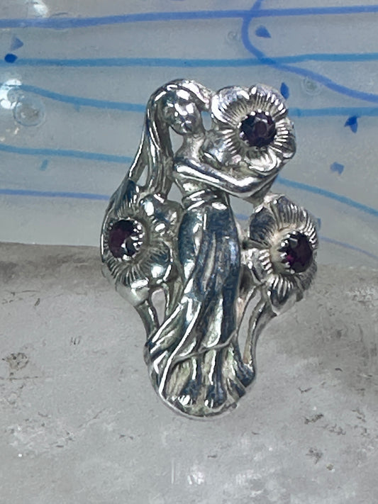 Lady with flowers Ring Art Deco Nouveau band leaves size 8 sterling silver women 