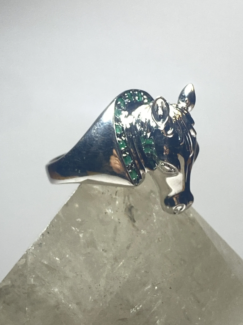 Horse ring face ring green stones horseshoe good luck cowgirl sterling silver girls women