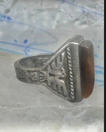 Vintage Sterling Silver Tiger's Eye Signet Ring Thunderbird Mudman Motif Statement Size 10.25 925