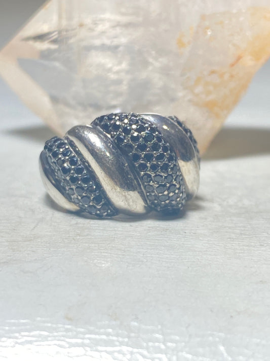 Chunky ring Size 6.75 dome black crystals fluted band sterling silver women