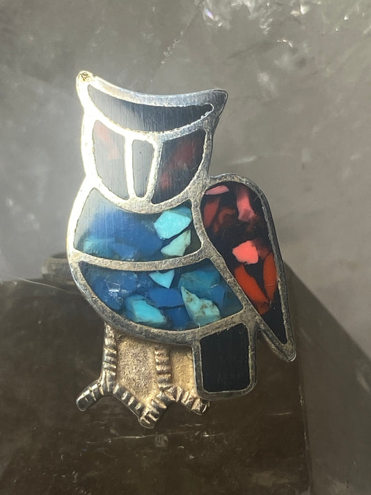 Owl ring size 4 turquoise chips coral southwest sterling silver women girls