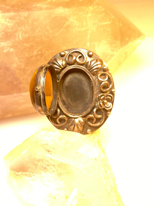 Poison ring Tiger Eye floral flowers sterling silver women