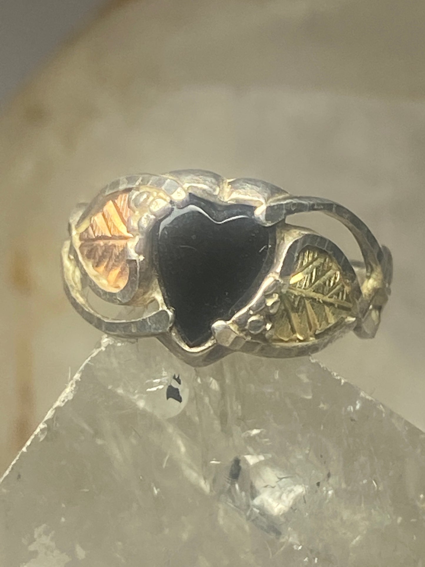 Black Hills Gold ring heart love leaves onyx sterling silver women girls