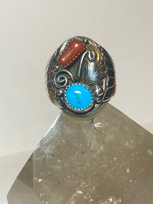 Navajo ring turquoise coral long sterling silver men women b