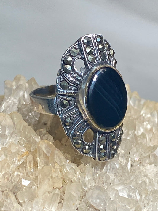 Onyx ring size 6 long Cocktail ring marcasite sterling silver women girls