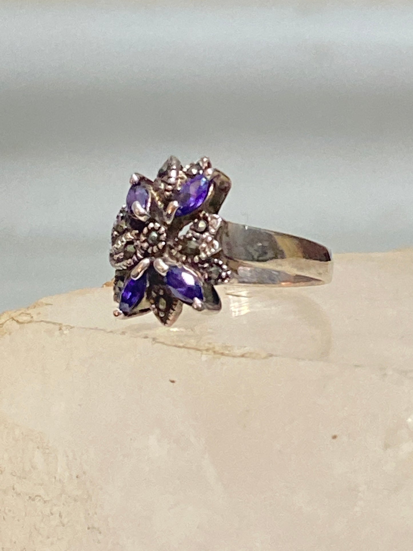 Amethyst ring flower marcasite art deco style sterling silver women
