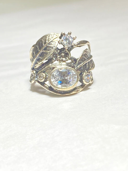 Floral ring crystal flowers band sterling silver women girls