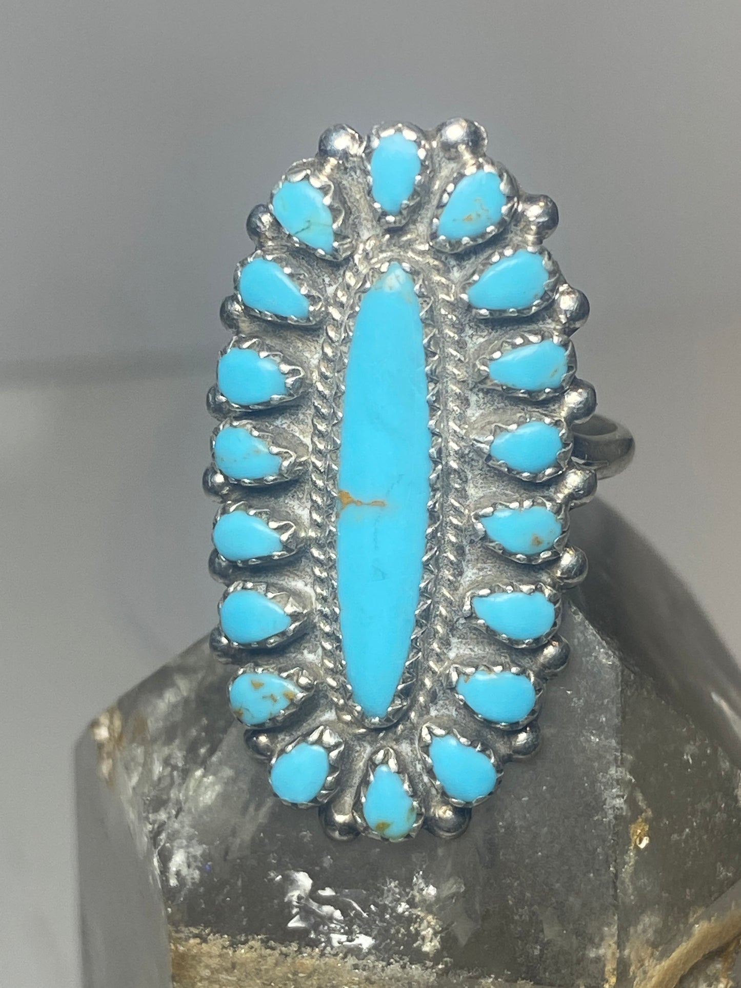 Turquoise ring size 7.25 Zuni long Petite point southwest sterling silver women