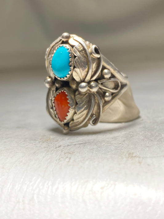 Turquoise ring coral Navajo southwest sterling silver women men