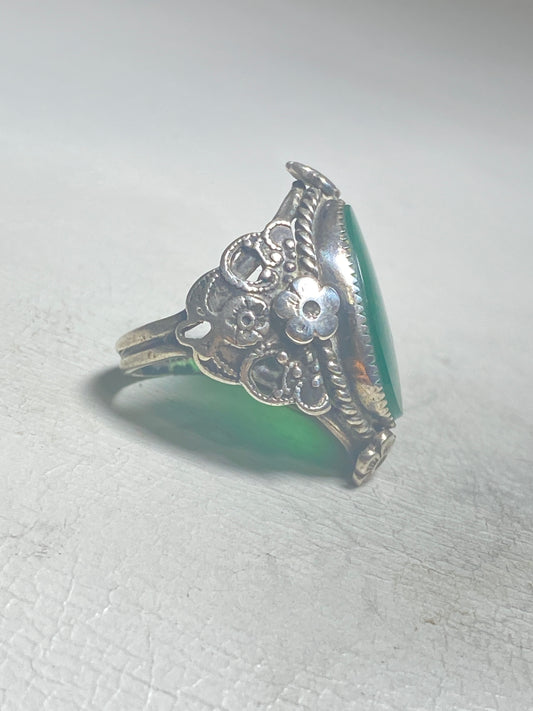 Flower ring green stone Art Deco sterling silver women girls