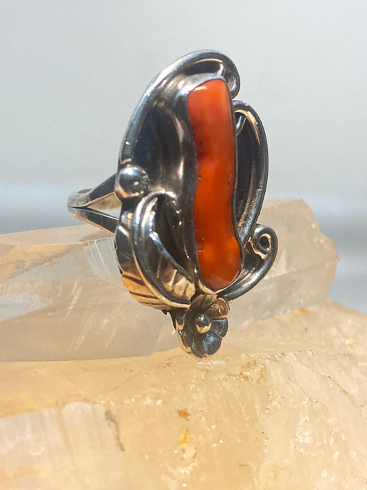 Long coral ring size 6 squash blossom sterling silver Navajo southwest women girls