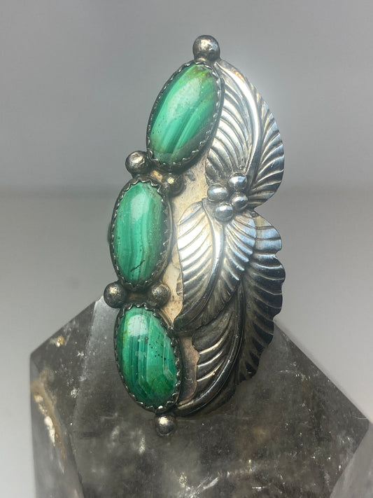 Long Malachite ring size 6.25 Navajo leaves sterling silver women