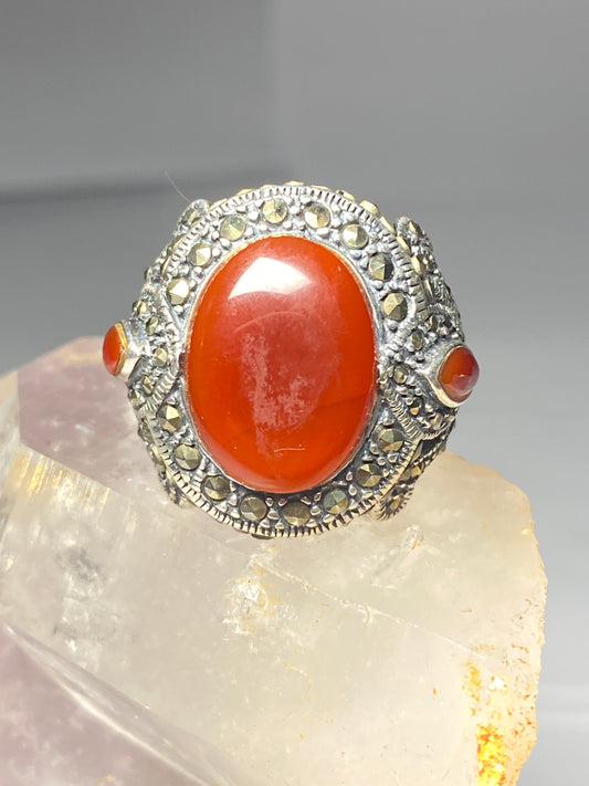 Red stone ring size 8.25 Art Deco marcasites cocktail sterling silver