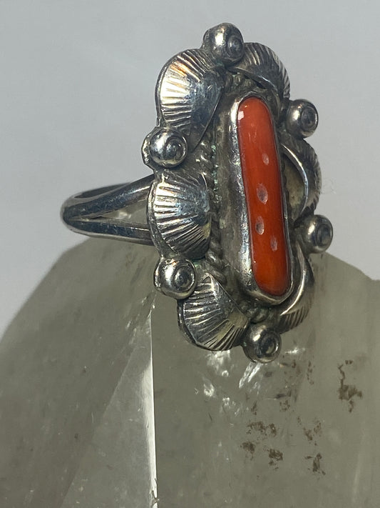 Coral ring size 6.50 Navajo leaves long sterling silver women girls
