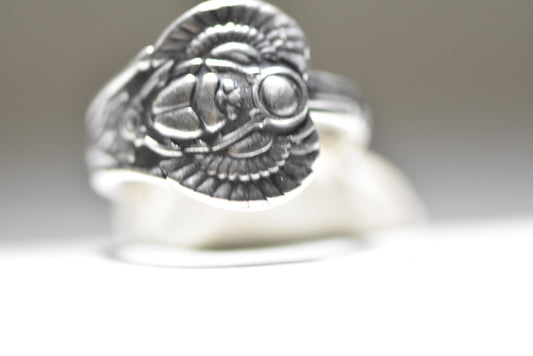 Scarab Spoon Ring Flying Winged Beetle Band Egyptian Sterling Silver Papyrus Size 7