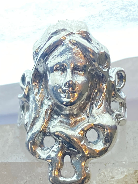 Face ring with long hair art deco influences sterling silver